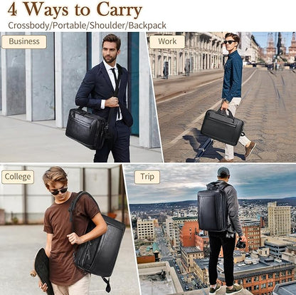 Faux Leather Messenger Bag for Men 17-17.3 Inch: Convertible 3 in 1 Backpack Laptop Briefcase Computer Handbags Shoulder CrossbodyBag with Padded for Work College Travel, PU Black