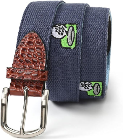 Mile High Life Golf Belts for Men, Canvas Belt with Genuine Leather Tips, Embroidered 2 Layer Web Belt with Pin Buckle