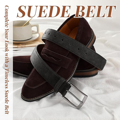 XZQTIVE Mens Suede Belt - 1 3/8" Genuine Leather Dress Belt for Jeans Dress Handmade Classic Every Day Belt