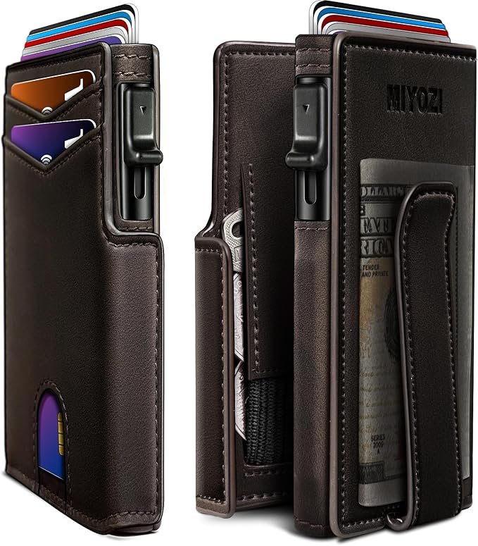 miyozi Wallet for Men, Magnetic Minimalist Slim Wallet with Pop Up Card Holder, 9 Cards RFID Blocking Metal Credit Card Case, Leather Wrapped Money Clip, ID Window & Small Item Slot, Gift Boxed