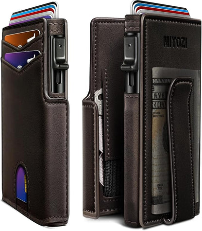 miyozi Wallet for Men, Magnetic Minimalist Slim Wallet with Pop Up Card Holder, 9 Cards RFID Blocking Metal Credit Card Case, Leather Wrapped Money Clip, ID Window & Small Item Slot, Gift Boxed