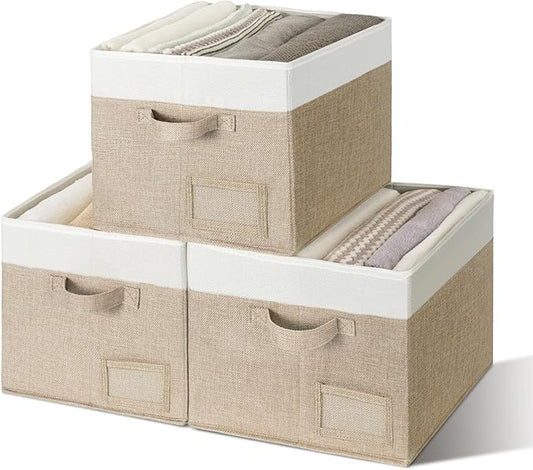GRANNY SAYS Closet Storage Baskets for Shelves, Large Fabric Storage Bins, Collapsible Clothing Storage and Organization, Decorative Storage Bins, Khaki&Ivory, Large, 3-Pack