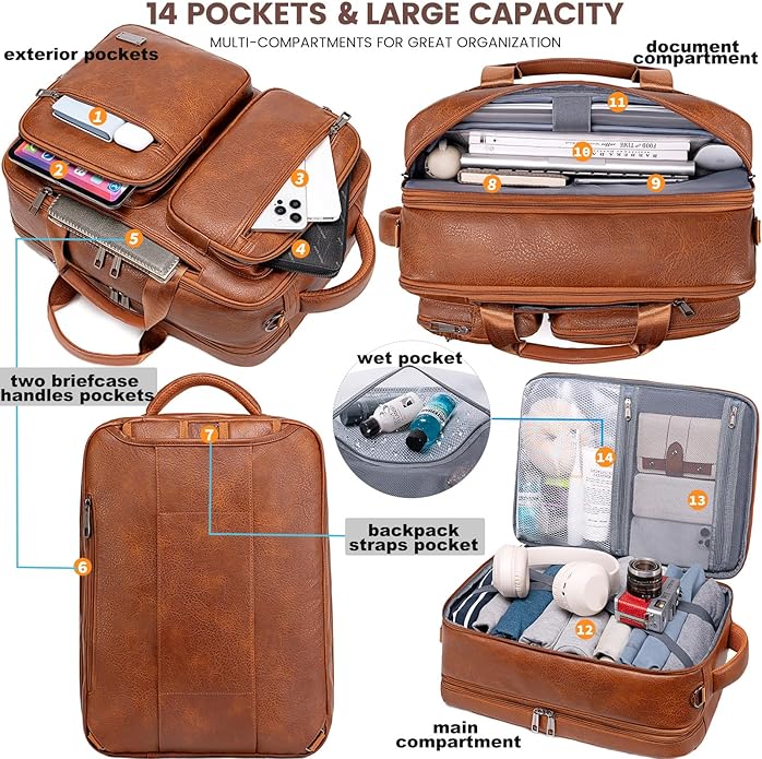 weiatas 3-in-1 Vegan Leather Convertible Laptop Bag for Men Women, Expandable Travel Backpack Work Briefcase Messenger Bag | Convertible, Expandable, Multi-pocket, Waterproof