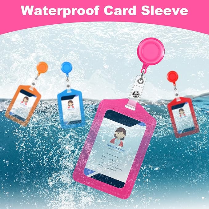 48 Sets Retractable Badge Reels with PU Leather ID Card Holders, Multicolor Vertical Badge Holder Reel Clip for Office, Nurse, Teacher, Doctor
