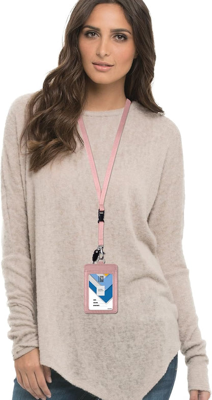 Badge Holder, Wisdompro 2-Sided PU Leather ID Badge Card Holder Wallet Case with 1 Clear ID Window and 1 Credit Card Slot and 22 Inch Quick Rlease Detachable Neck Lanyard Strap-Rose Gold (Vertical)