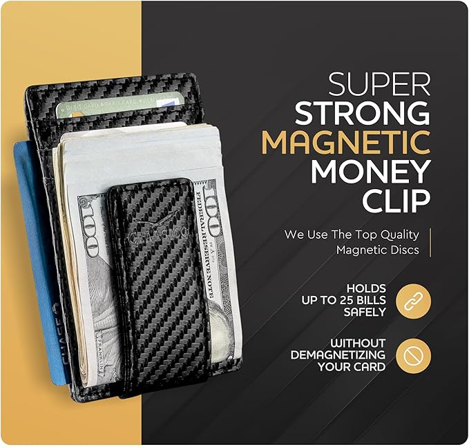 Claasico Men’s Leather Money Clip Wallet – Slim Front Pocket Wallet w/Super Strong Magnetic Clip, RFID Blocking, 5 Card Slots & Center Pocket + ID Window