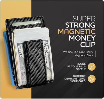 Claasico Men’s Leather Money Clip Wallet – Slim Front Pocket Wallet w/Super Strong Magnetic Clip, RFID Blocking, 5 Card Slots & Center Pocket + ID Window