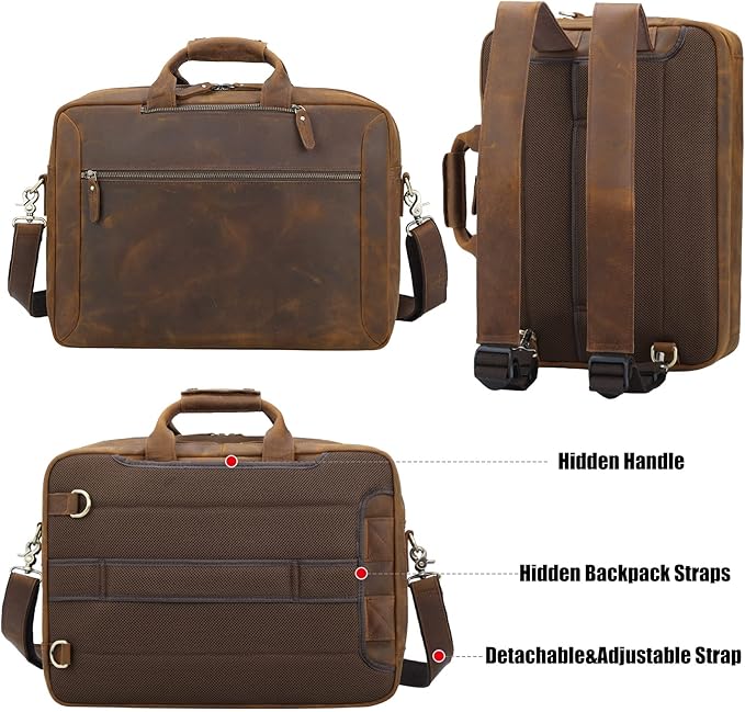 TIDING Leather 15.6" Laptop Backpack Convertible Business Briefcase Crossbody Shoulder Messenger Bag, Brown