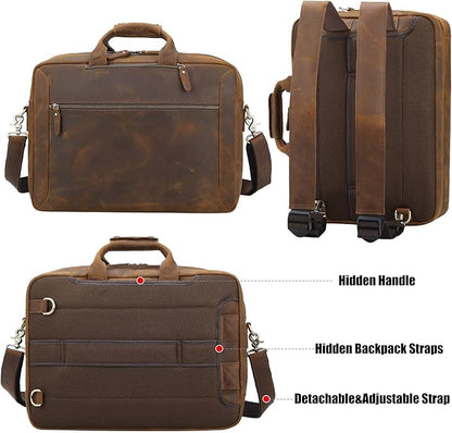 TIDING Leather 15.6" Laptop Backpack Convertible Business Briefcase Crossbody Shoulder Messenger Bag, Brown