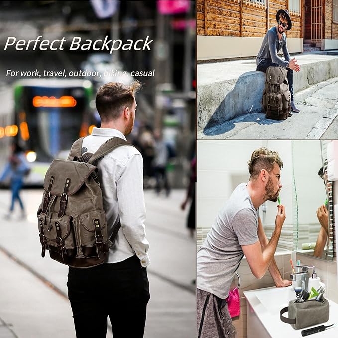 Wogarl Leather Backpack for Men, Waxed Canvas Vintage Backpack Rucksack for Business College Travel Hiking Shoulder Daypacks With Toiletry Bag(Army Green)