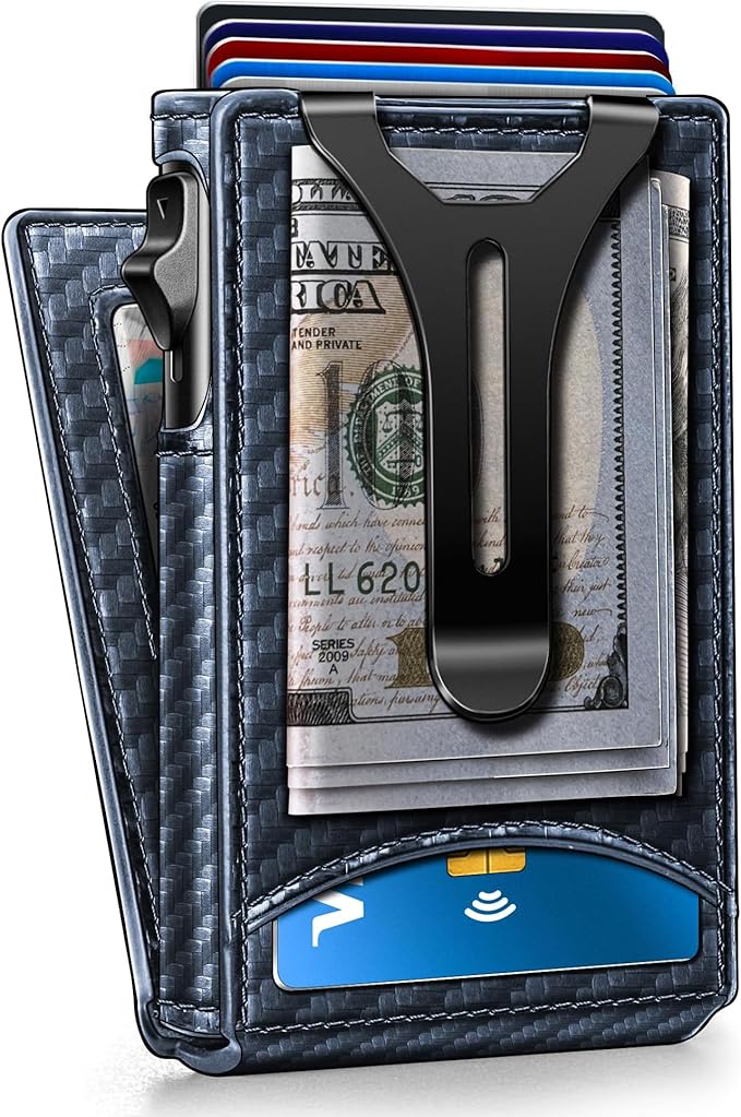 Genuine Leather Wallet for Men Slim Magnetic Flip Bifold with Money Clip and Metal Card Case Holds 9 Cards Ideal for Gifts and Daily Use (Purplish Blue)