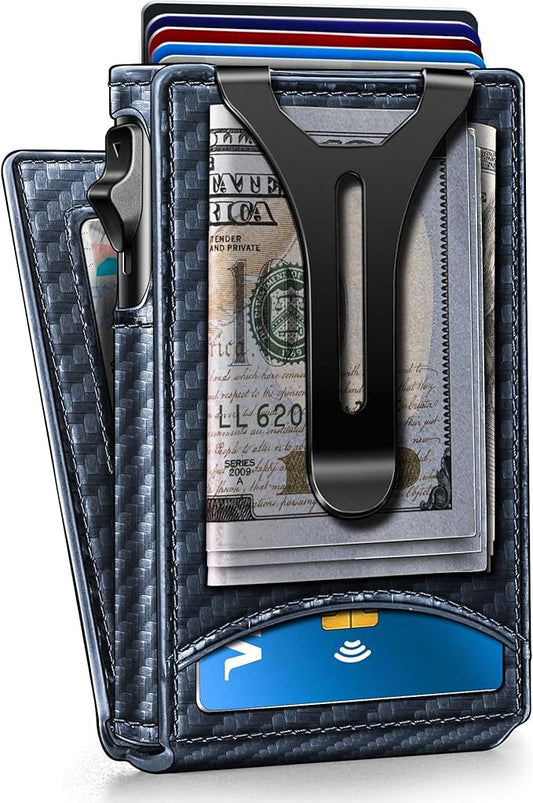 Genuine Leather Wallet for Men Slim Magnetic Flip Bifold with Money Clip and Metal Card Case Holds 9 Cards Ideal for Gifts and Daily Use (Purplish Blue)