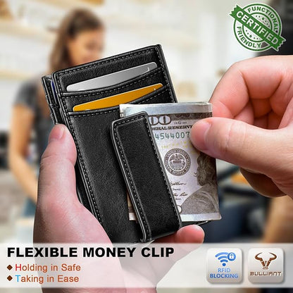 BULLIANT Magnetic Closure Slim Wallet-Genuine Leather Front Pocket Wallet for Men,RFID Blocking,Holds 12 Cards and Money Clip