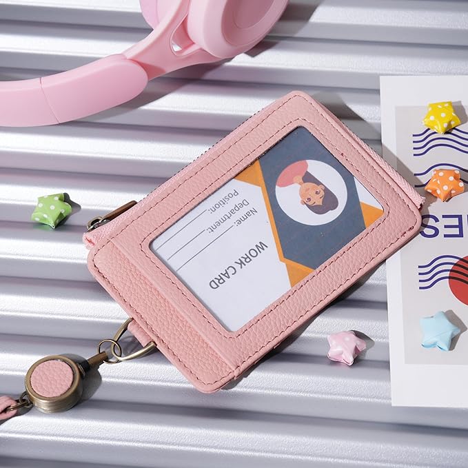 Wason Badge Holder Card Wallet Real Leather with Zipper, Detachable Neck Lanyard, Hand Strap, Retractable Badge Reel, Multi Purpose Case for ID Permit Badge Coin Key Driver's License (Pink)