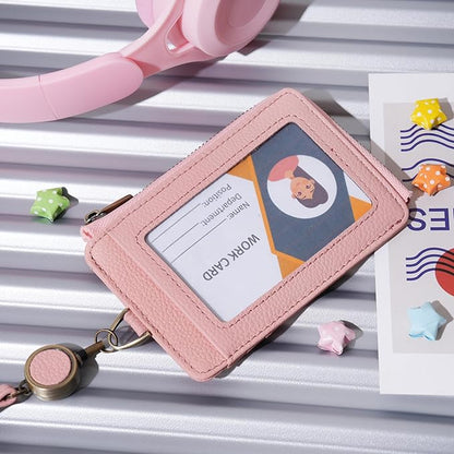 Wason Badge Holder Card Wallet Real Leather with Zipper, Detachable Neck Lanyard, Hand Strap, Retractable Badge Reel, Multi Purpose Case for ID Permit Badge Coin Key Driver's License (Pink)