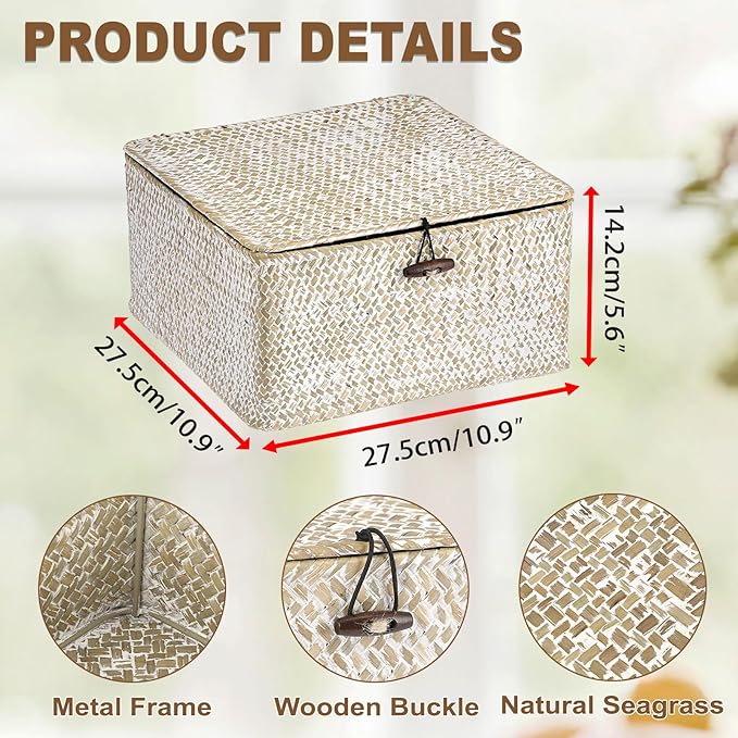 Hipiwe Wicker Shelf Basket Bin Square Handwoven Seagrass Storage Basket with Lid Home Organize Box for Bookshelf Living Room Bath Room Multipurpose Basket Container, Whitewash Large