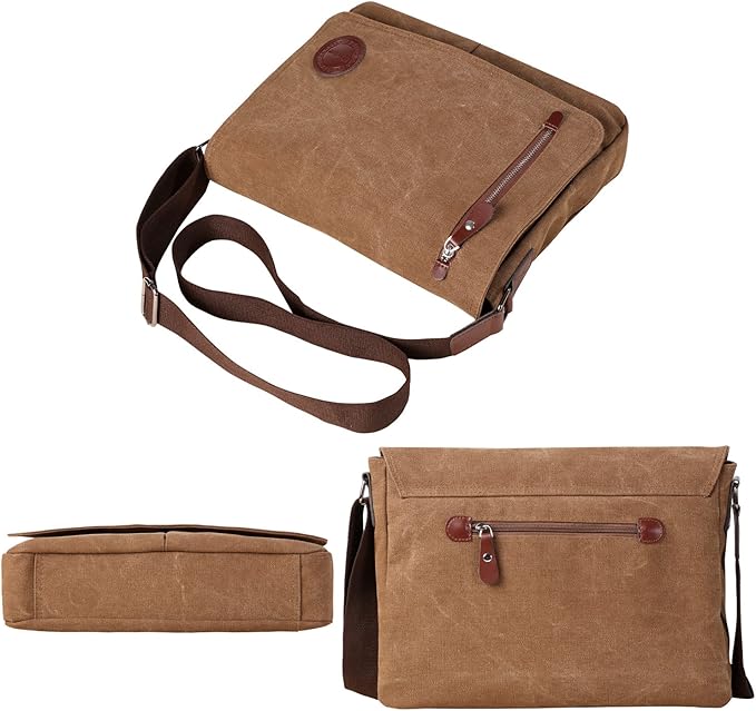 Mactso Vintage Canvas Messenger Bag for Men Women, 13.5 Inch Laptop Satchel Shoulder Bag with Multiple Pockets, Crossbody Bag for Work Travel College (Coffee-01)