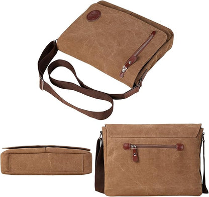 Mactso Vintage Canvas Messenger Bag for Men Women, 13.5 Inch Laptop Satchel Shoulder Bag with Multiple Pockets, Crossbody Bag for Work Travel College (Coffee-01)
