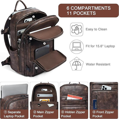 Travel Backpack for Women and Men, Fits 17.0" Laptop, Stylish Lay-Flat Carry-on Vegan Leather Backpack with Luggage Strap for Travel and Daily Use