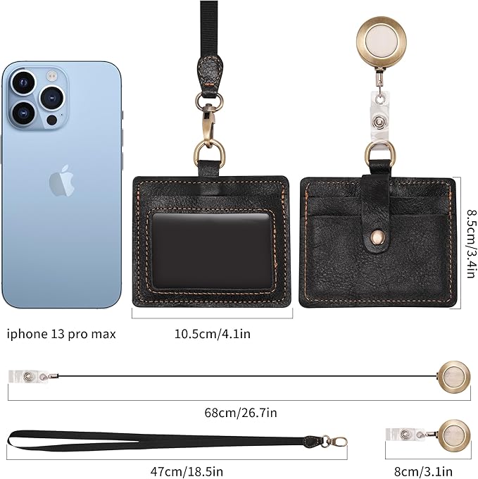 Wonderpool Leather Horizontal Badge Holder with Detachable Neck Lanyard and Retractable Badge Reel Clip, Card Slots Case ID Card Holder for ID Badges Card and Driver Licence (Black)