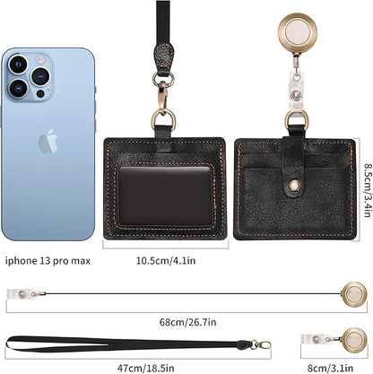 Wonderpool Leather Horizontal Badge Holder with Detachable Neck Lanyard and Retractable Badge Reel Clip, Card Slots Case ID Card Holder for ID Badges Card and Driver Licence (Black)