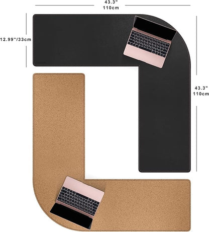 MAIDERN (43.3” + 43.3”) x 13” L Shaped Corner Desk Mat, Cork & Leather Dual Sided Desk Pad for Gaming Computer Office Home (Black) …