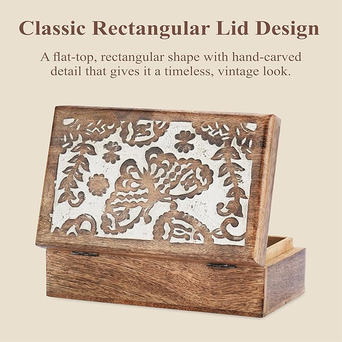 Ajuny Hand-Carved Mango Wood Jewelry Box 8x5 in – Butterfly Design Keepsake & Trinket Organizer, Vintage Decorative Chest with Hinged Lid (White/Brown) – Handmade Gift for Women & Girls