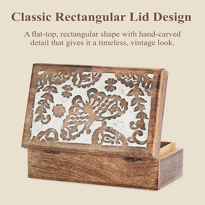 Ajuny Hand-Carved Mango Wood Jewelry Box 8x5 in – Butterfly Design Keepsake & Trinket Organizer, Vintage Decorative Chest with Hinged Lid (White/Brown) – Handmade Gift for Women & Girls