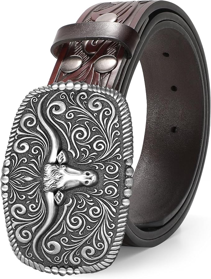 TRIWORKS Western Belt for Men Women Cowboy Engraved Belt Western Buckle Embossed Leather Belt