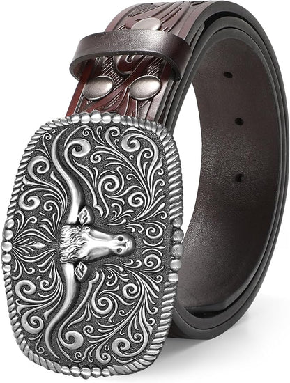 TRIWORKS Western Belt for Men Women Cowboy Engraved Belt Western Buckle Embossed Leather Belt