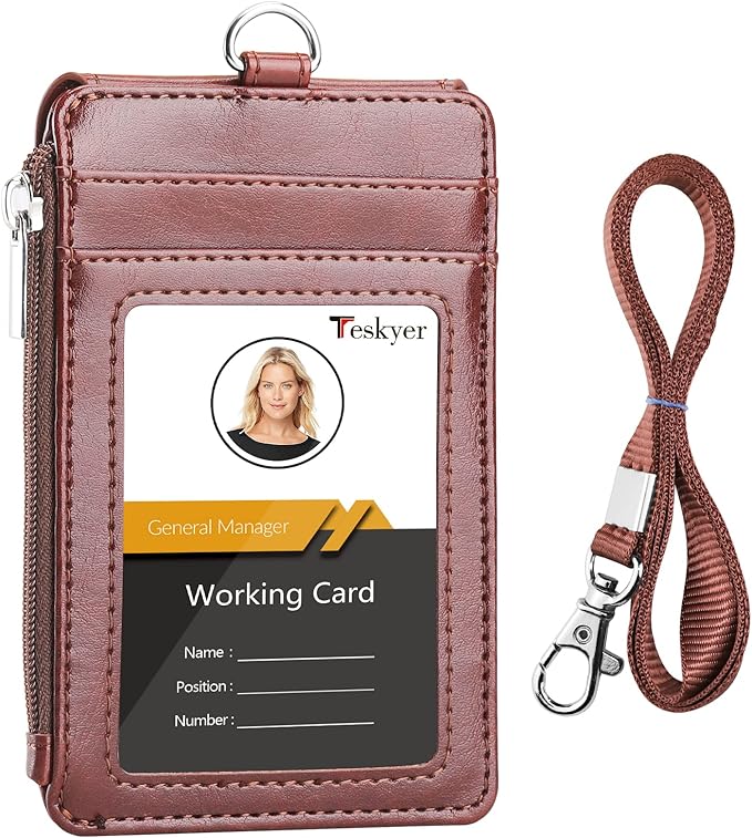 Teskyer Badge Holder with Side Zip Pocket, Multiple Card Slots Leather ID Holder Wallet with Neck Lanyard for Office Staffs, Teachers/Students, Couriers, Workers, Brown
