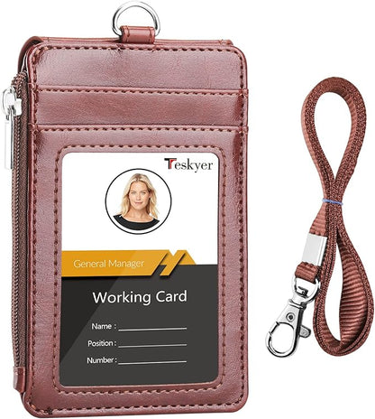 Teskyer Badge Holder with Side Zip Pocket, Multiple Card Slots Leather ID Holder Wallet with Neck Lanyard for Office Staffs, Teachers/Students, Couriers, Workers, Brown