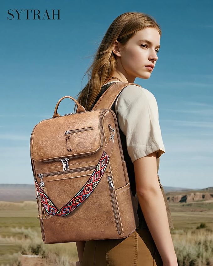 SYTRAH Leather Laptop Backpack for Women Designer Laptop Bag, 16.5 inch Travel Computer Backpacks Purse with Tassel for Work Business with Satchel Purse Camel Brown