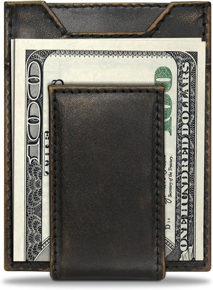 ZEP-PRO Buck Burnished Leather Magnetic Front Pocket Wallet, Slim Stylish for Men