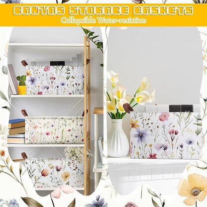 Boao 3 Pcs Wildflowers Storage Bin Wildflowers Collapsible Large Storage Baskets for Gifts Canvas Laundry Basket Foldable Box with Handle for Office Home Bedroom Clothes
