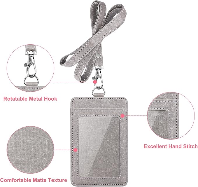 Life-Mate ID Badge Holder with 1 Clear ID Window, 1 Credit Card Slot and PU Leather Lanyard for Badge, Credit Cards, College ID Cards in Glitter Gray