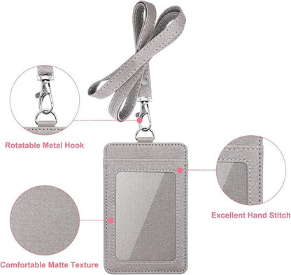 Life-Mate ID Badge Holder with 1 Clear ID Window, 1 Credit Card Slot and PU Leather Lanyard for Badge, Credit Cards, College ID Cards in Glitter Gray