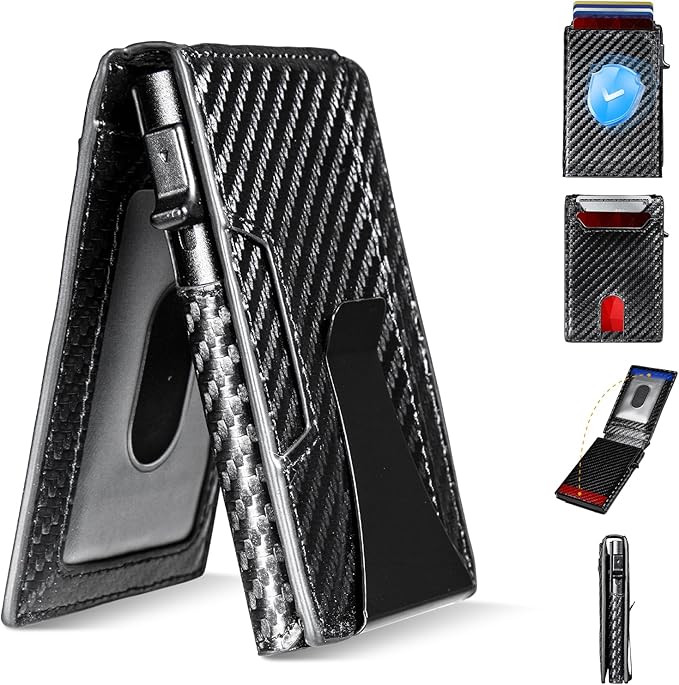 Wallet for Men, RFID Blocking Pop Up Wallet, Bifold Slim Minimalist Credit Card Holder for 9-14 Cards, Front Pocket Aluminum Card Case with ID Window, Money Clip, Gifts for Men