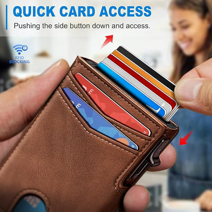 miyozi Wallet for Men, Magnetic Minimalist Slim Wallet with Pop Up Card Holder, 9 Cards RFID Blocking Metal Credit Card Case, Leather Wrapped Money Clip, ID Window & Small Item Slot, Gift Boxed