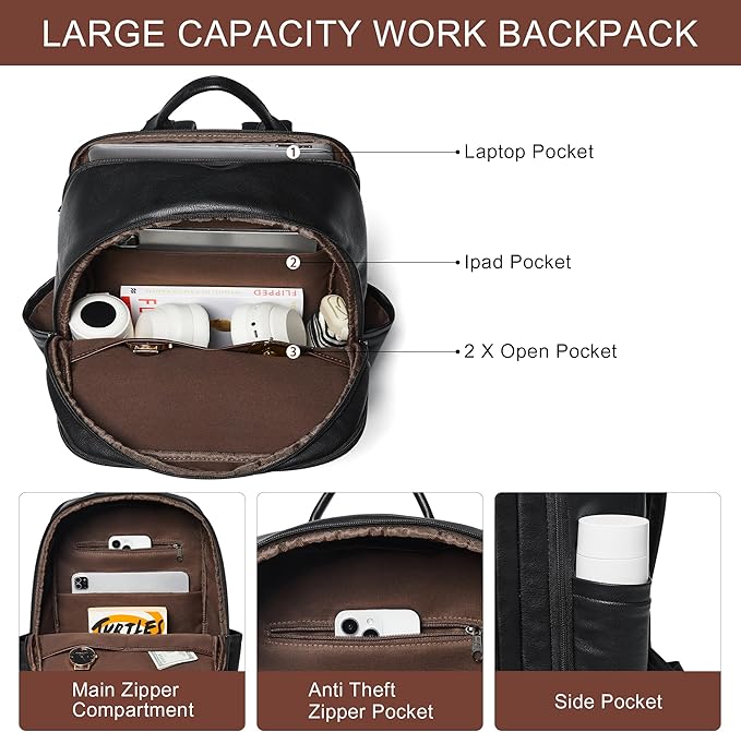 Travel Backpack for Women and Men, Fits 17.0" Laptop, Stylish Lay-Flat Carry-on Vegan Leather Backpack with Luggage Strap for Travel and Daily Use