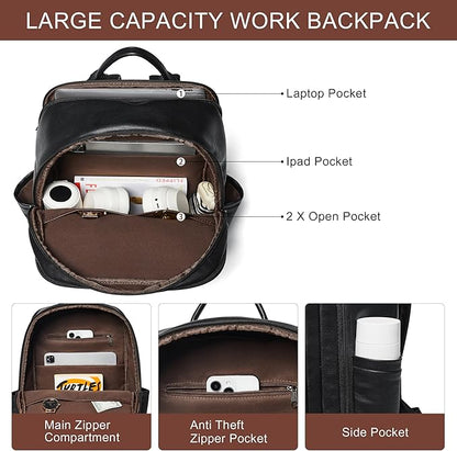 Travel Backpack for Women and Men, Fits 17.0" Laptop, Stylish Lay-Flat Carry-on Vegan Leather Backpack with Luggage Strap for Travel and Daily Use