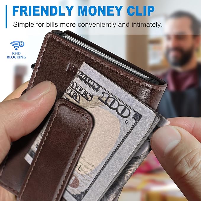 miyozi Wallet for Men, Magnetic Minimalist Slim Wallet with Pop Up Card Holder, 9 Cards RFID Blocking Metal Credit Card Case, Leather Wrapped Money Clip, ID Window & Small Item Slot, Gift Boxed