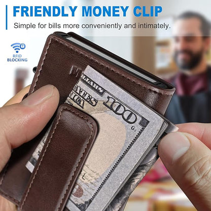 miyozi Wallet for Men, Magnetic Minimalist Slim Wallet with Pop Up Card Holder, 9 Cards RFID Blocking Metal Credit Card Case, Leather Wrapped Money Clip, ID Window & Small Item Slot, Gift Boxed