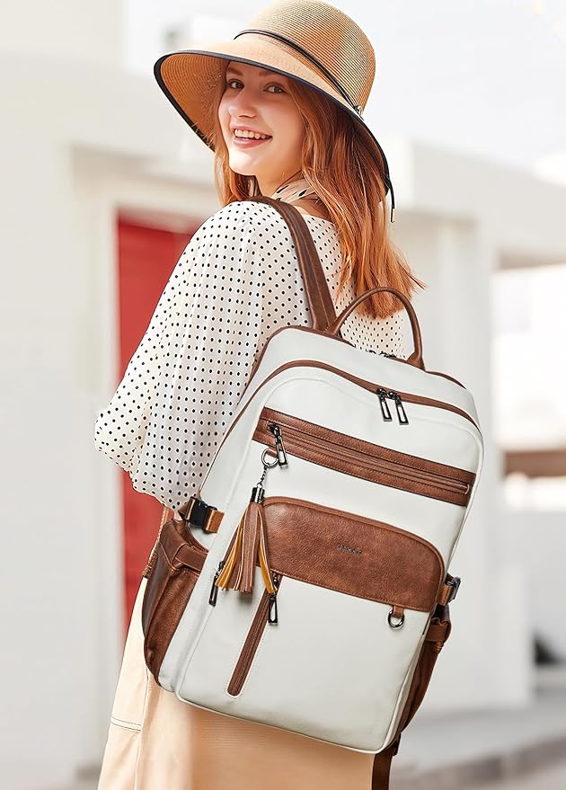 Shrrie Vegan Leather Laptop Backpack for Women,17 Inch Computer Backpack Purse for Work Business College Travel Teacher Nurse with Anti-theft Pocket & Giant Tumbler Holder Pocket,Beige with Brown