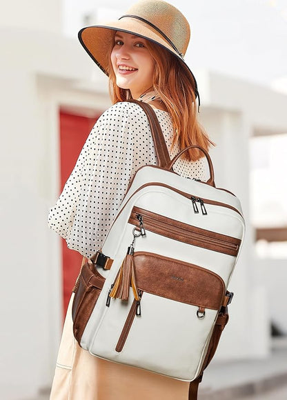 Shrrie Vegan Leather Laptop Backpack for Women,17 Inch Computer Backpack Purse for Work Business College Travel Teacher Nurse with Anti-theft Pocket & Giant Tumbler Holder Pocket,Beige with Brown