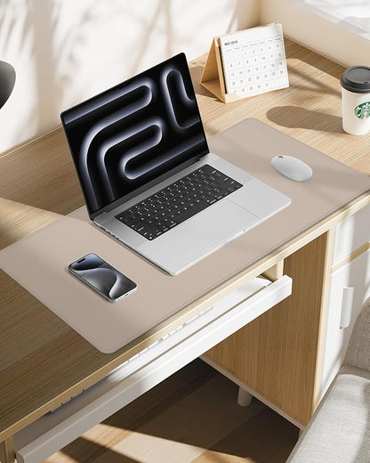 Leather Desk Pad Protector Large Mouse Pad, Stitched Locking Edge Non-Slip PU Leather Desk Mat Laptop Desk Pad Blotter, Waterproof Durable Writing Pad for Office and Home (Beige, 120 x 43cm)