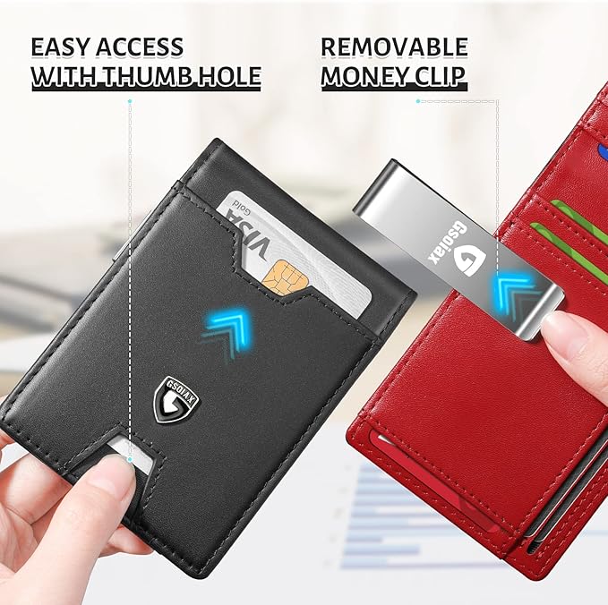 GSOIAX Men's Slim RFID Blocking Leather Wallet with Money Clip | Minimalist Carbon Fiber Bifold Credit Card Holder | 11 Card Slots | Gift Box Included(Leather red)
