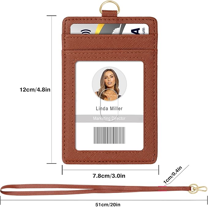 ID Badge Holder with Lanyard, Vertical PU Leather ID Badge Card Holder with 1 Clear ID Window, 4 Credit Card Slots and a Detachable Neck Lanyard (Brown)