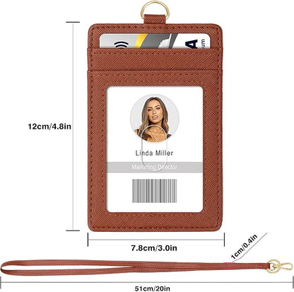 ID Badge Holder with Lanyard, Vertical PU Leather ID Badge Card Holder with 1 Clear ID Window, 4 Credit Card Slots and a Detachable Neck Lanyard (Brown)