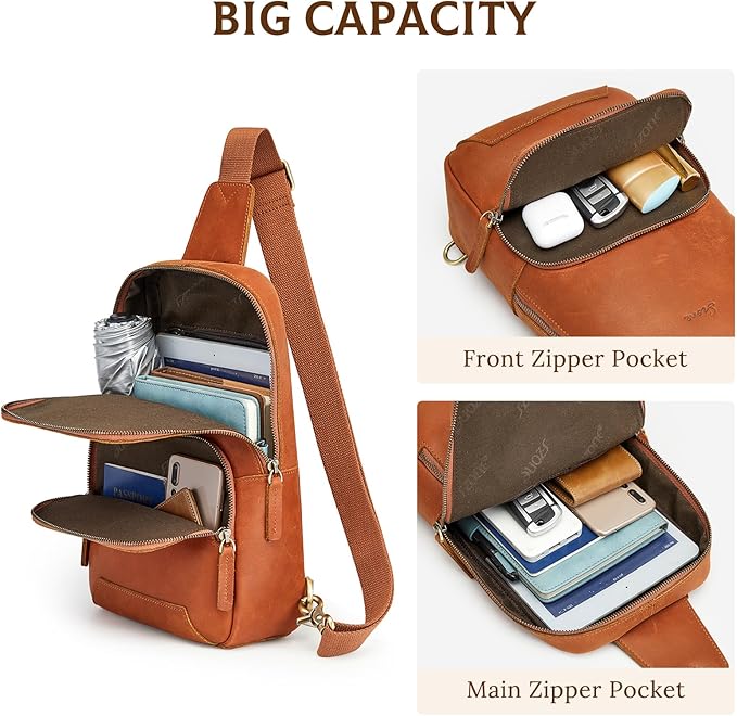 S-ZONE Sling Bag for Men Women RFID Blocking Genuine Leather Crossbody Shoulder Bag Backpack Hiking Daypack Travel | RFID Blocking, Genuine Leather, Hiking Daypack, Travel